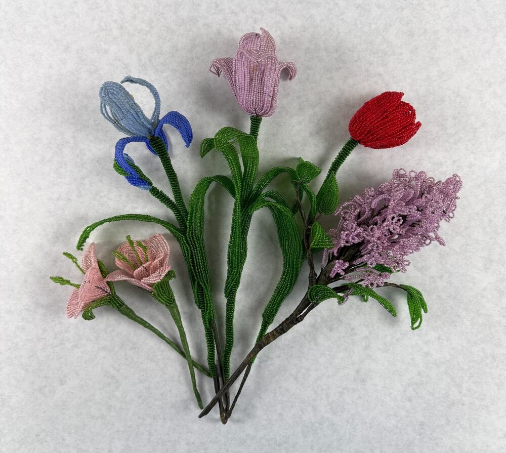 French Beaded Flowers Bouquet Lot Blue Iris Lilac Tulip Pink Lily Vintage Decor
